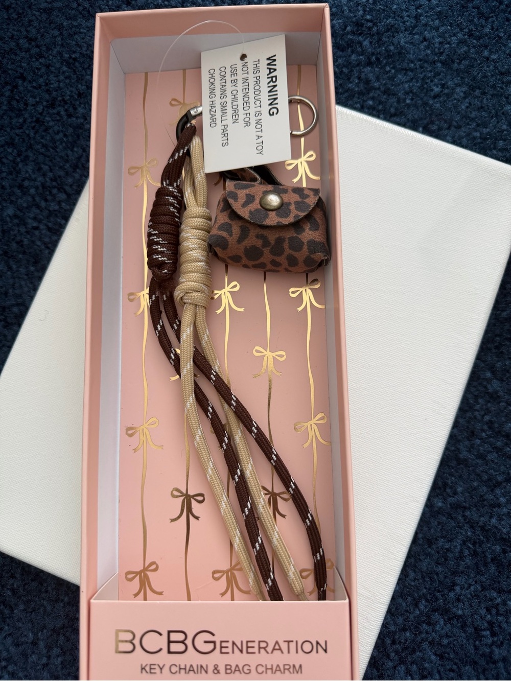 BCBGeneration Leopard Print Pouch Key Chain with Brown & Tan Braided Cords